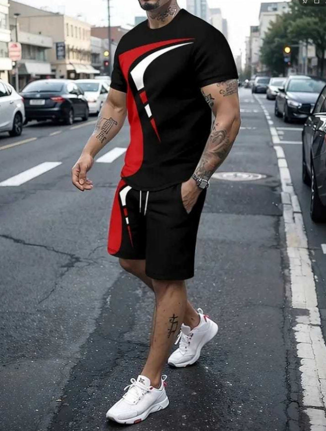 Men’s Casual T-shirt Shorts Two-piece Printed Sportswear - 1style / 2XL