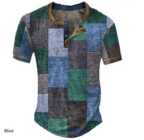 Men’s Clothing Graphic Plaid Color Block Printed Men’s Waffle Henley Shirt Short Sleeve - JY230711005 / S
