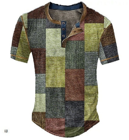 Men’s Clothing Graphic Plaid Color Block Printed Men’s Waffle Henley Shirt Short Sleeve - JY230711004 / S