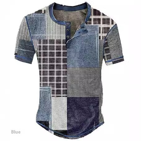 Men’s Clothing Graphic Plaid Color Block Printed Men’s Waffle Henley Shirt Short Sleeve