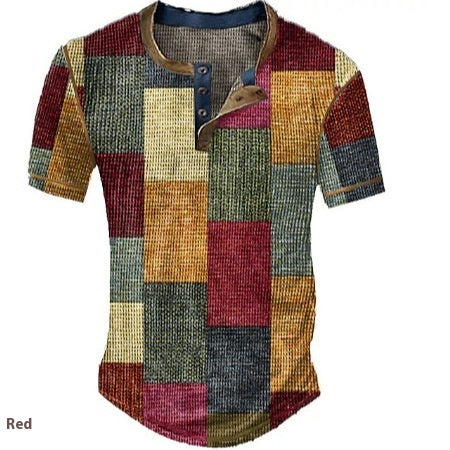 Men’s Clothing Graphic Plaid Color Block Printed Men’s Waffle Henley Shirt Short Sleeve