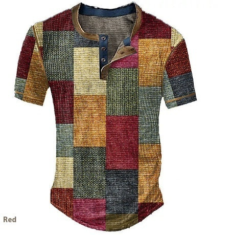 Men’s Clothing Graphic Plaid Color Block Printed Men’s Waffle Henley Shirt Short Sleeve - JY230711002 / S