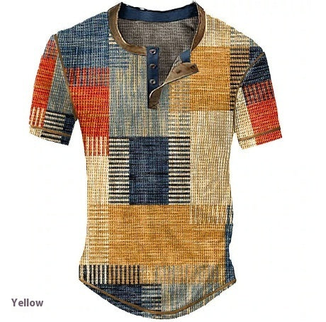 Men’s Clothing Graphic Plaid Color Block Printed Men’s Waffle Henley Shirt Short Sleeve - JY230711001 / S