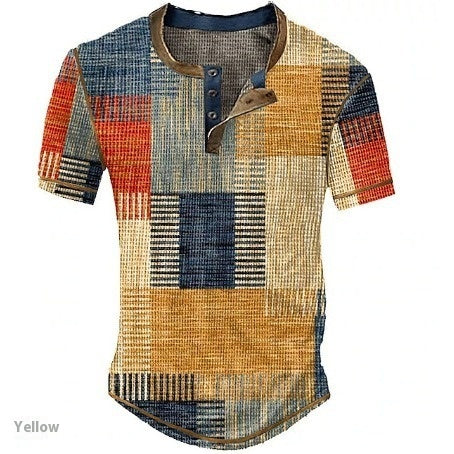 Men’s Clothing Graphic Plaid Color Block Printed Men’s Waffle Henley Shirt Short Sleeve