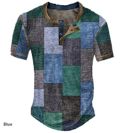Men’s Clothing Graphic Plaid Color Block Printed Men’s Waffle Henley Shirt Short Sleeve