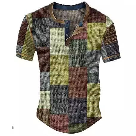 Men’s Clothing Graphic Plaid Color Block Printed Men’s Waffle Henley Shirt Short Sleeve