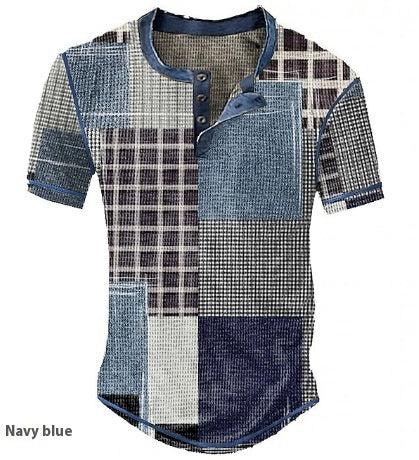Men’s Clothing Graphic Plaid Color Block Printed Men’s Waffle Henley Shirt Short Sleeve - JY230711003 / S