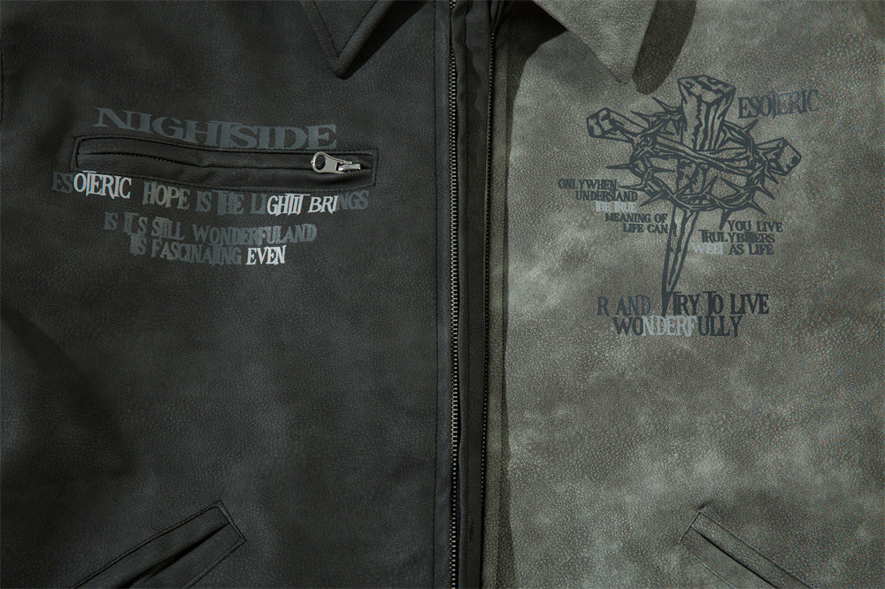 Men’s Cross Print Loose Leather Jacket