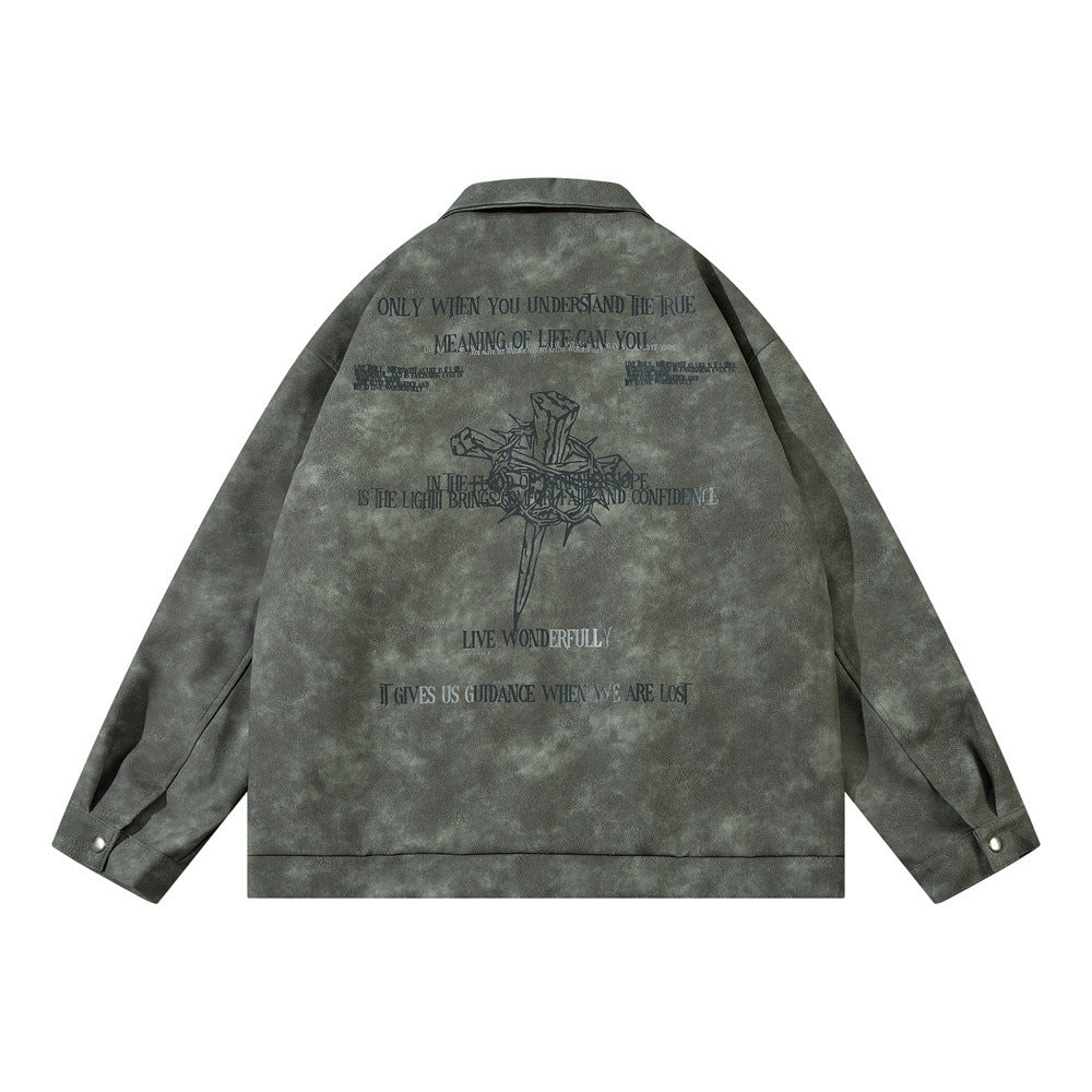Men’s Cross Print Loose Leather Jacket