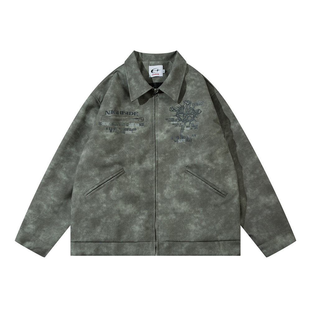 Men’s Cross Print Loose Leather Jacket