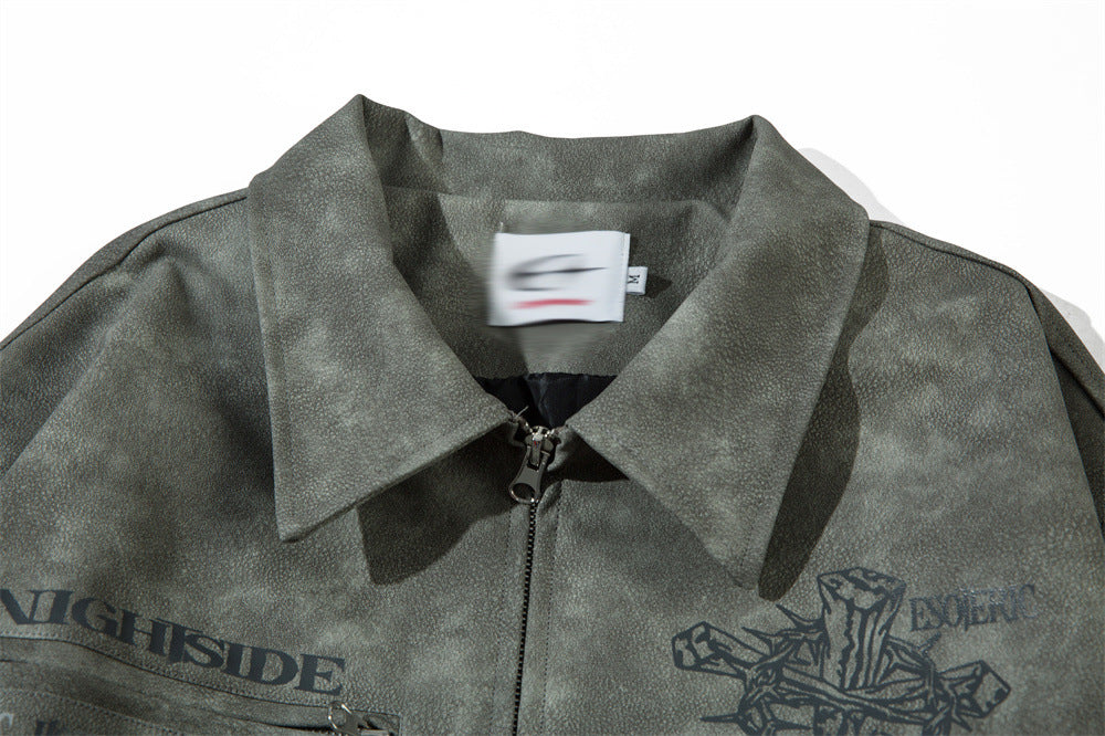 Men’s Cross Print Loose Leather Jacket