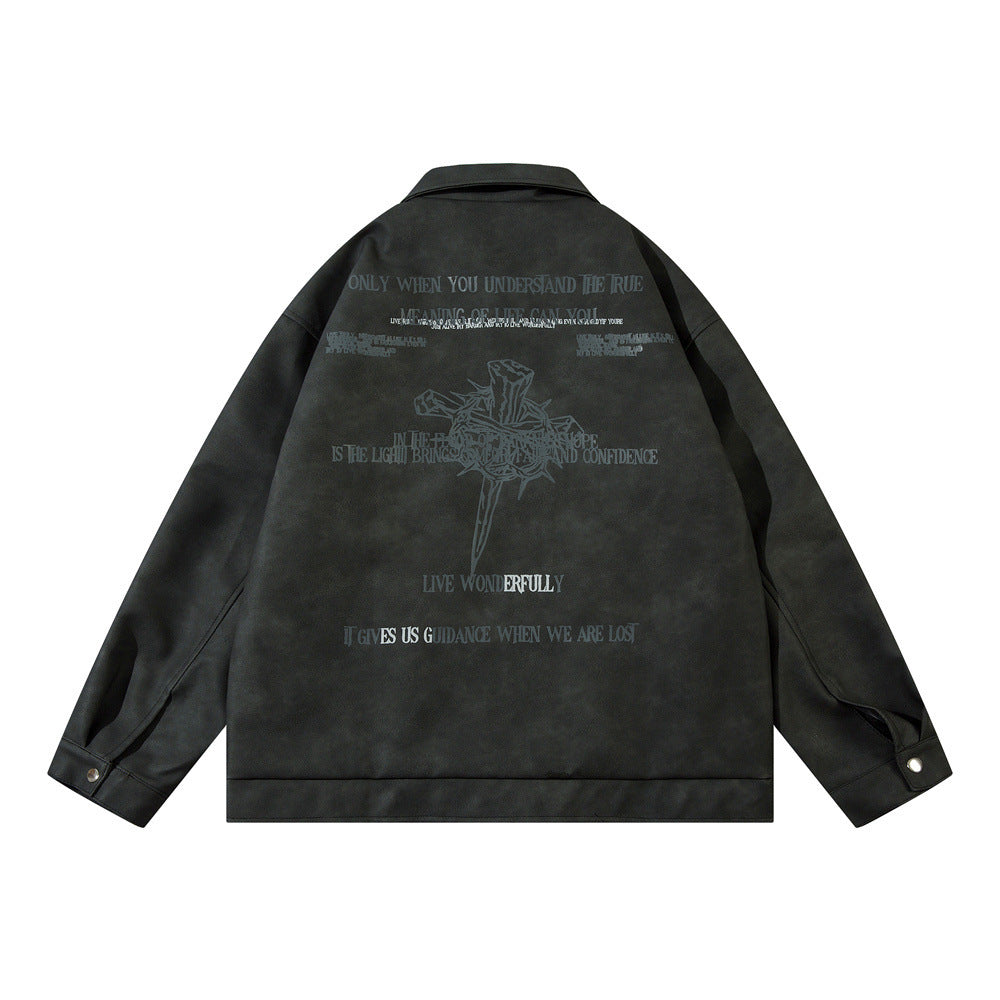 Men’s Cross Print Loose Leather Jacket