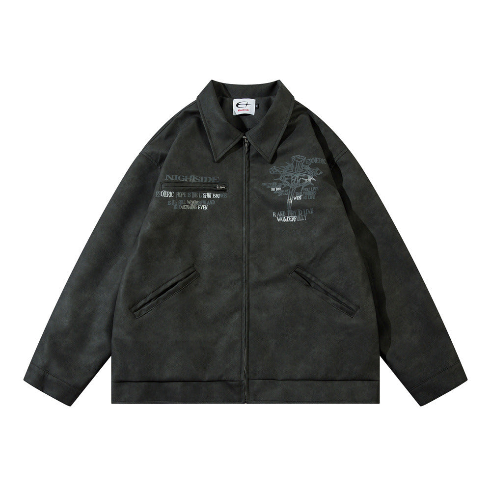 Men’s Cross Print Loose Leather Jacket - Black / M