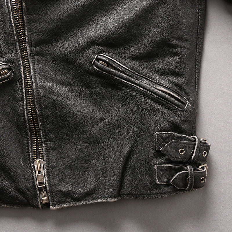 Men’s Distressed Stand Collar Cropped Slim Leather Jacket