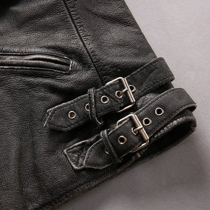 Men’s Distressed Stand Collar Cropped Slim Leather Jacket