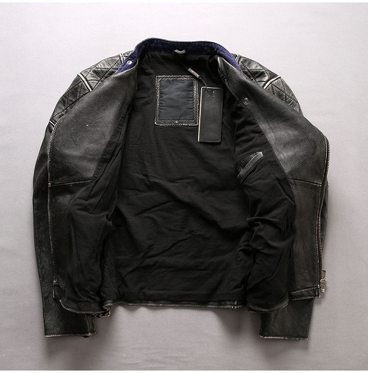 Men’s Distressed Stand Collar Cropped Slim Leather Jacket