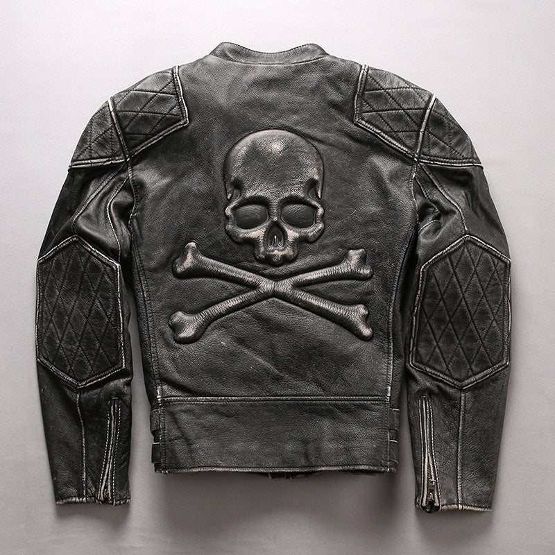 Men’s Distressed Stand Collar Cropped Slim Leather Jacket - Aged black / S