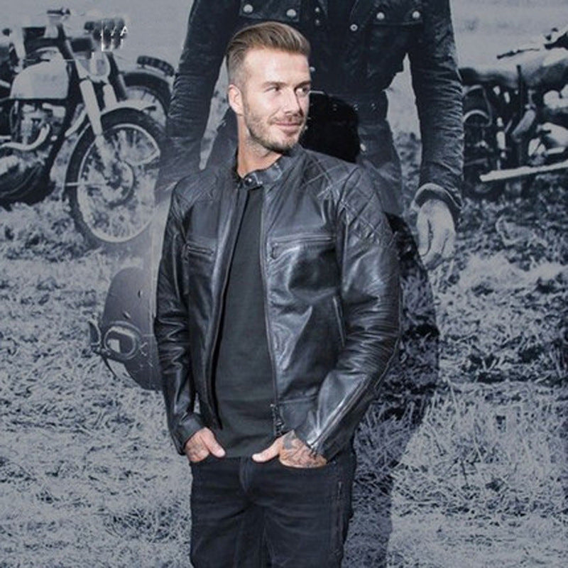 Men’s distressed stand collar leather jacket