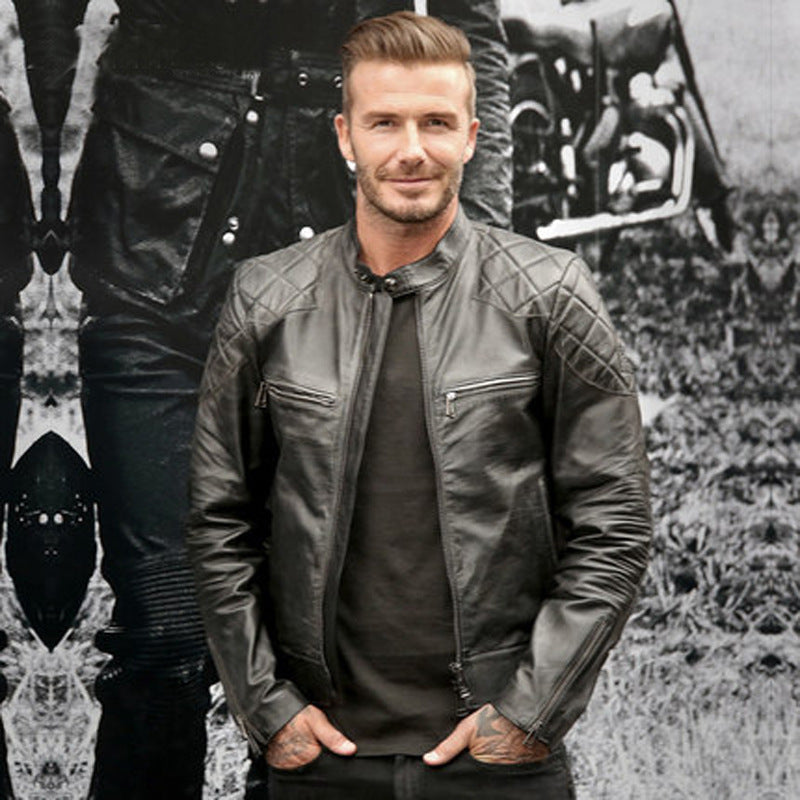Men’s distressed stand collar leather jacket
