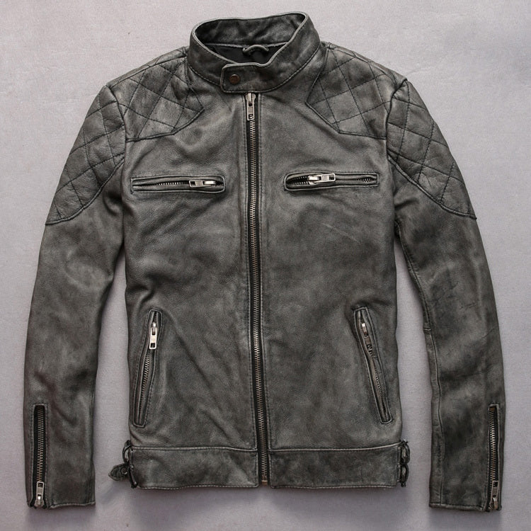 Men’s distressed stand collar leather jacket - Grey / L