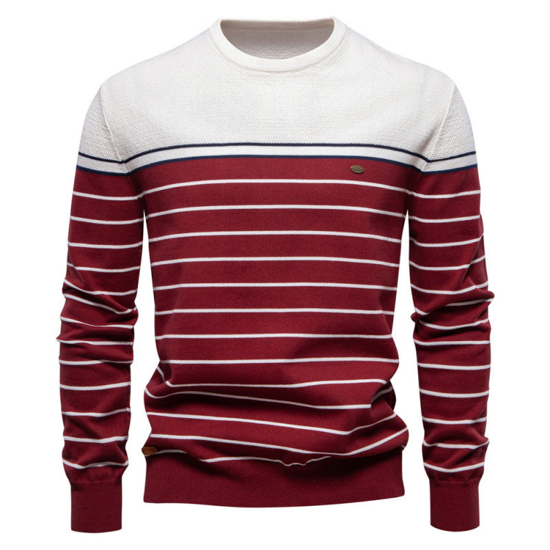 Men’s Fashion Casual Striped Color Matching Long-sleeved Sweater - Beige Tops White / S