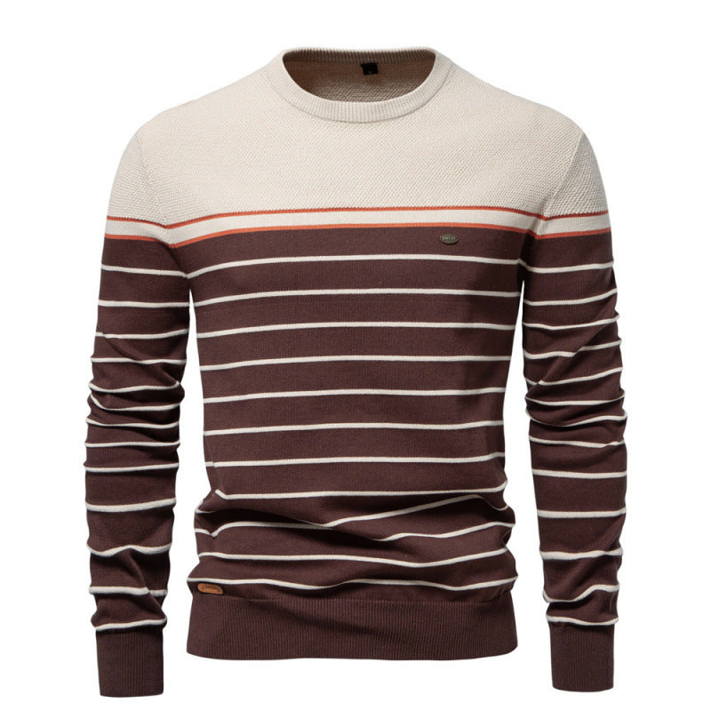 Men’s Fashion Casual Striped Color Matching Long-sleeved Sweater - Upper In Khaki / S