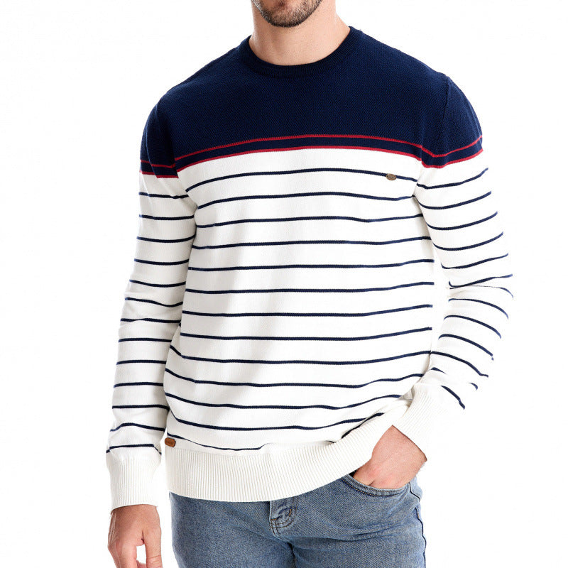 Men’s Fashion Casual Striped Color Matching Long-sleeved Sweater