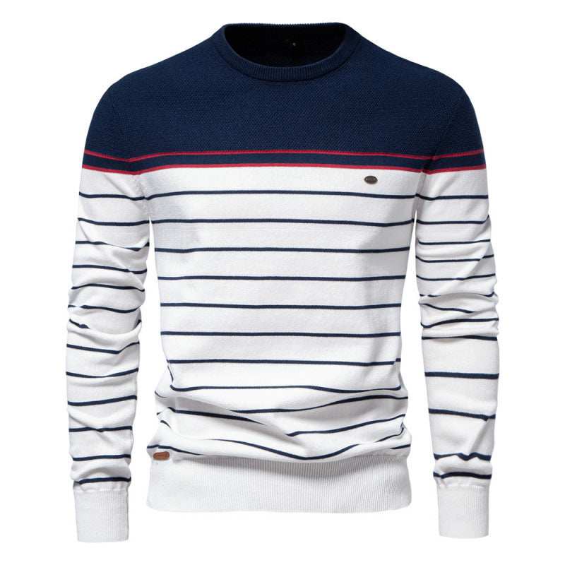 Men’s Fashion Casual Striped Color Matching Long-sleeved Sweater - Dark Blue Upper / S