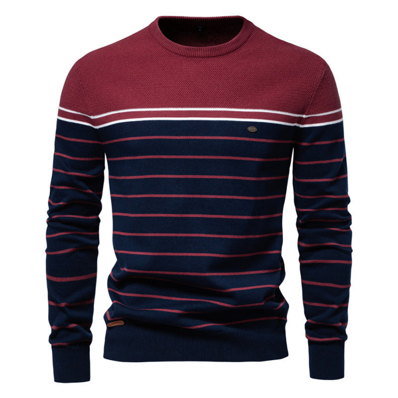 Men’s Fashion Casual Striped Color Matching Long-sleeved Sweater - Dark Red / S