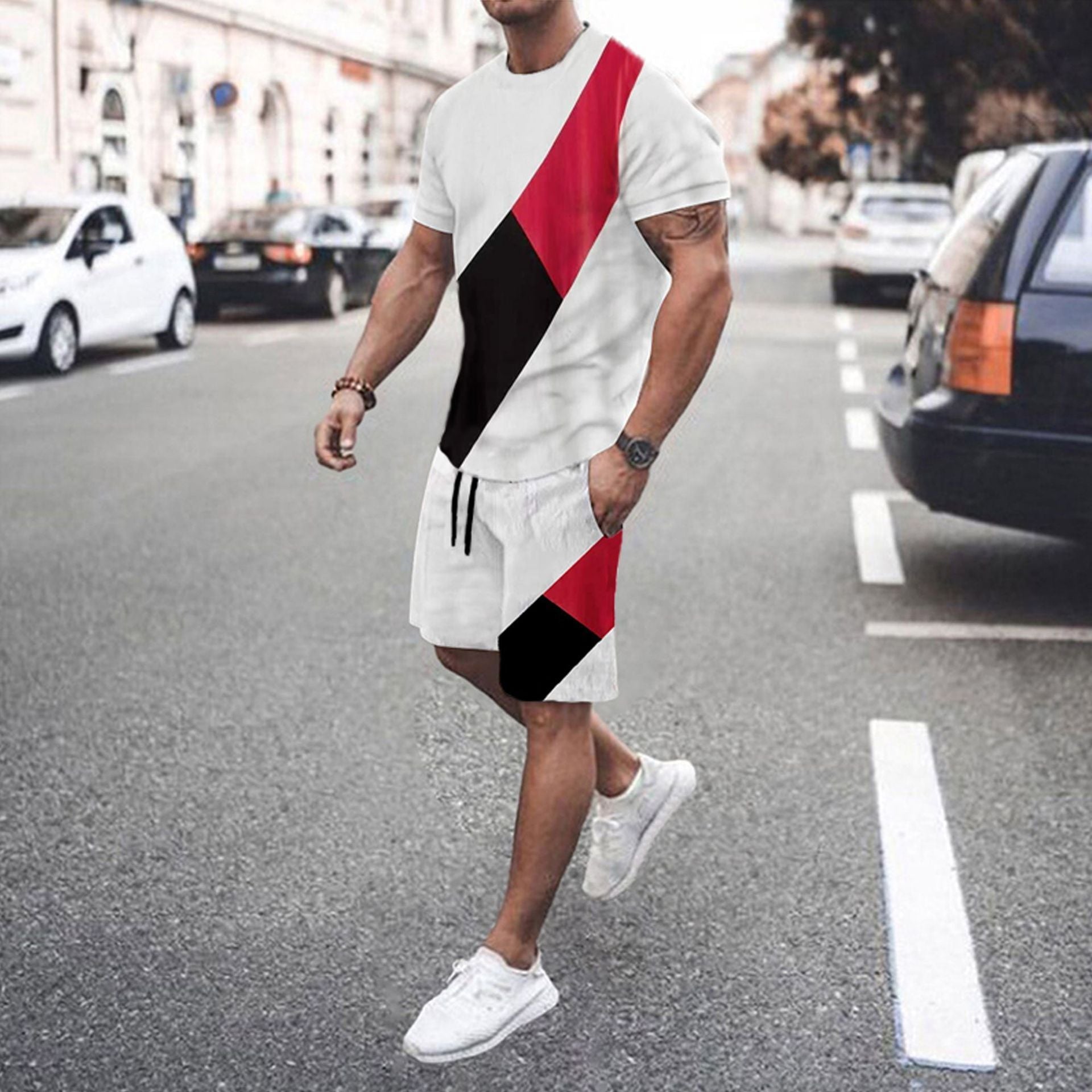Men’s Fashion Short Sleeve Shorts Set Splicing Set