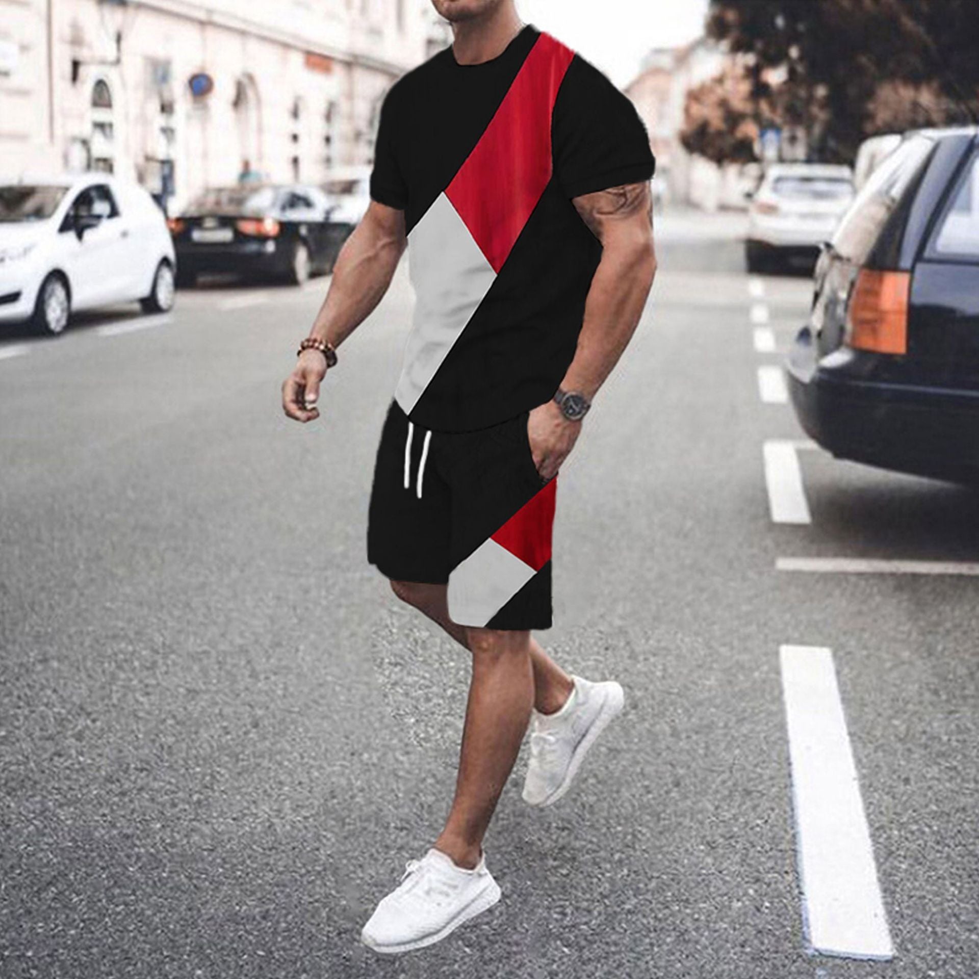 Men’s Fashion Short Sleeve Shorts Set Splicing Set - Black / S
