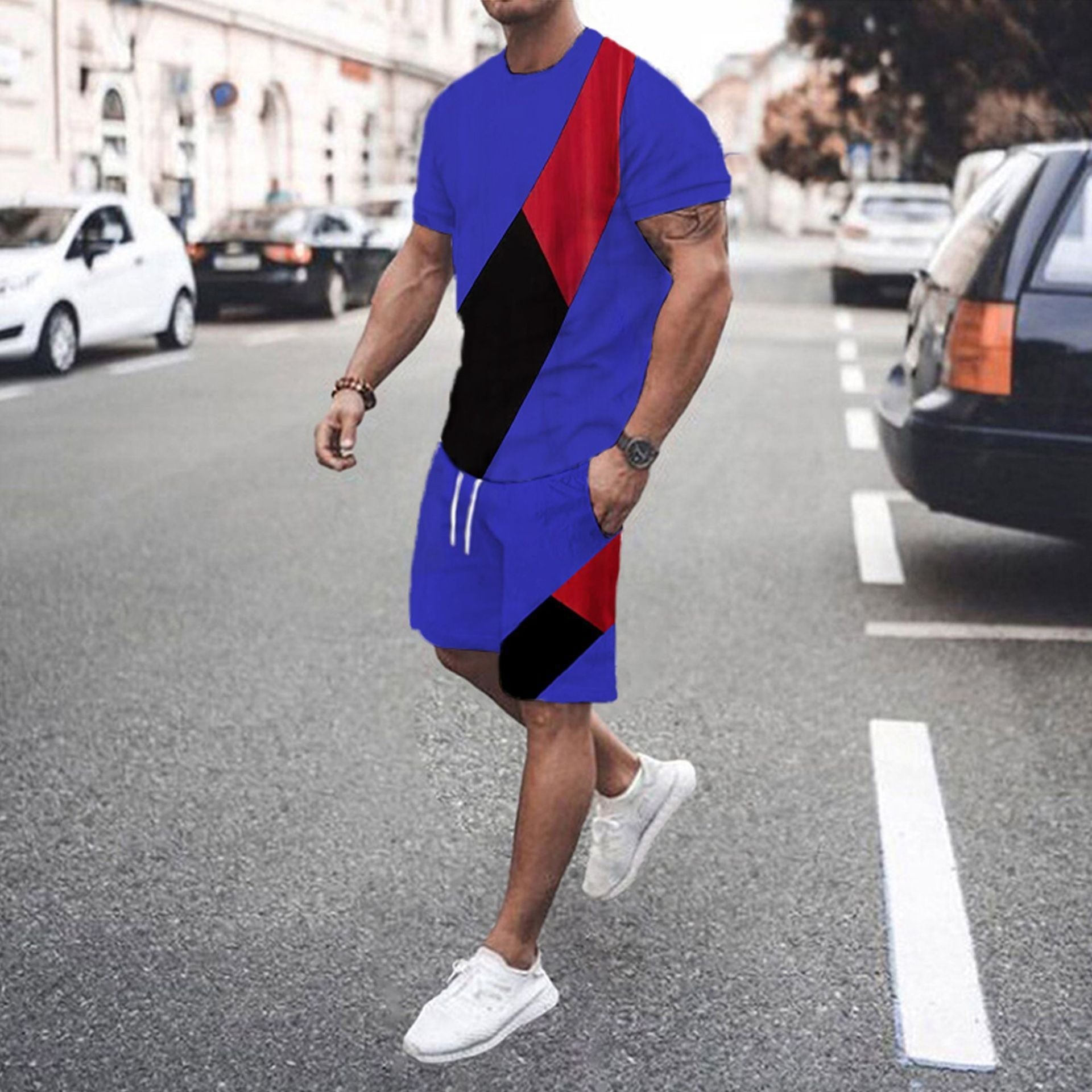 Men’s Fashion Short Sleeve Shorts Set Splicing Set - Blue / S