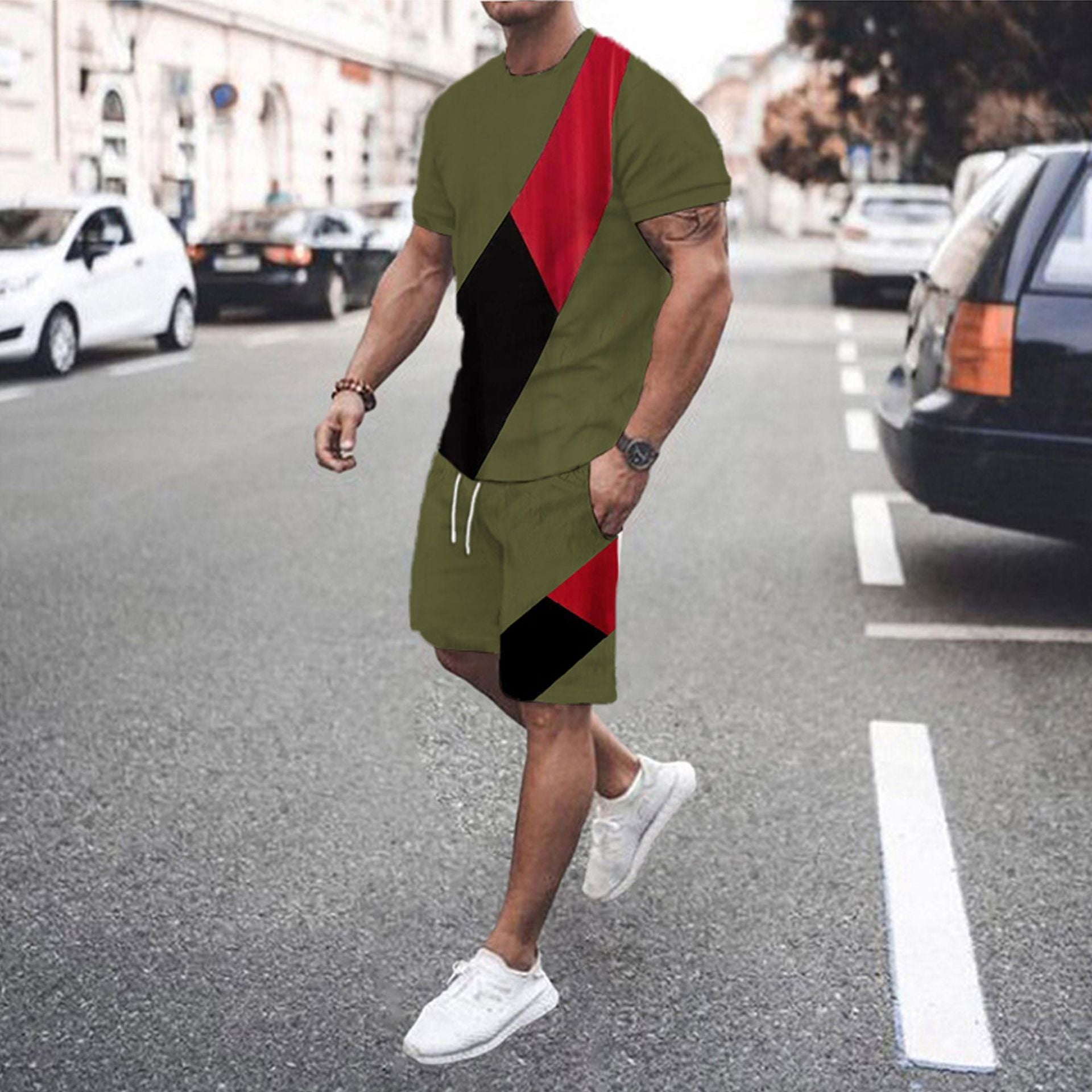 Men’s Fashion Short Sleeve Shorts Set Splicing Set - Green / S
