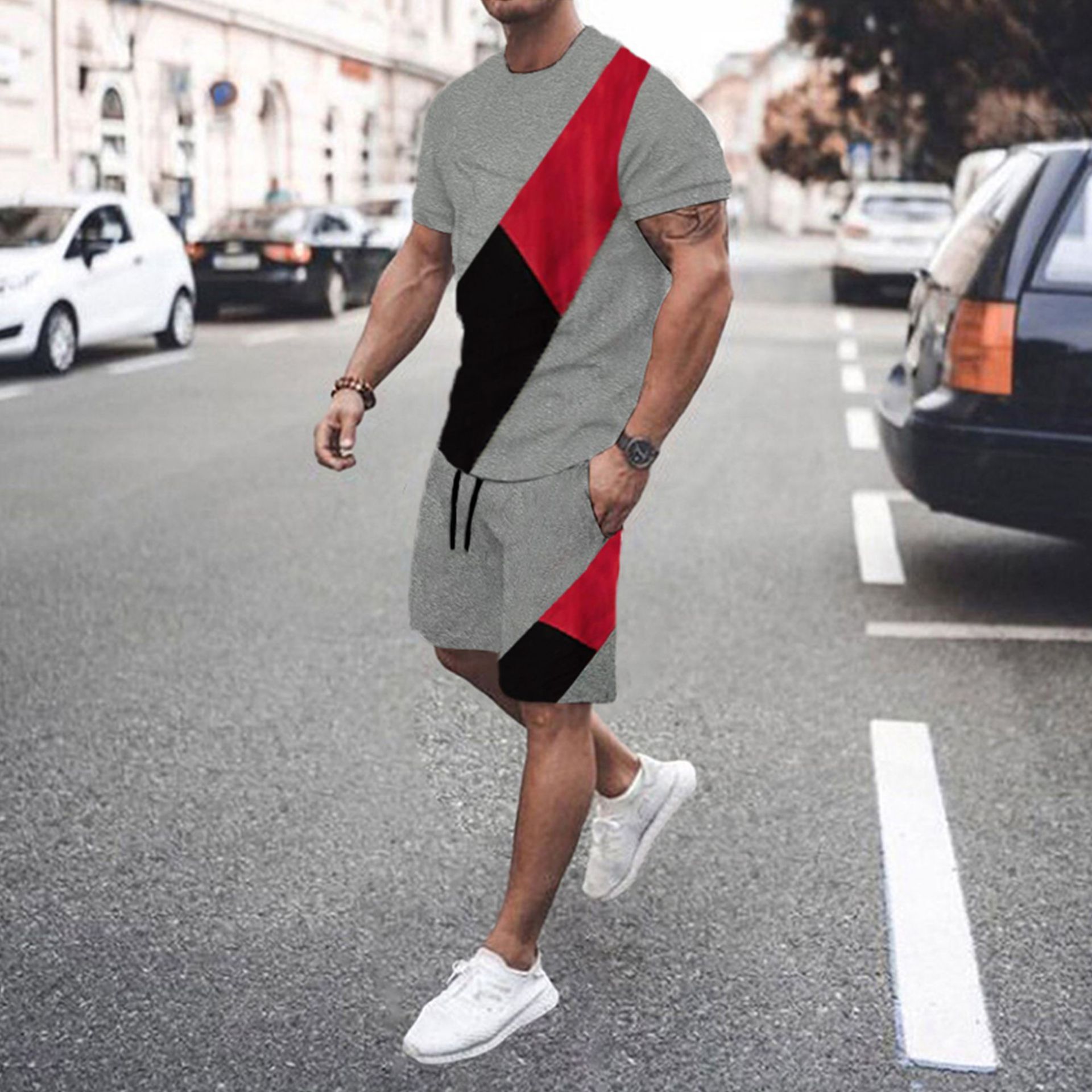 Men’s Fashion Short Sleeve Shorts Set Splicing Set - Grey / S
