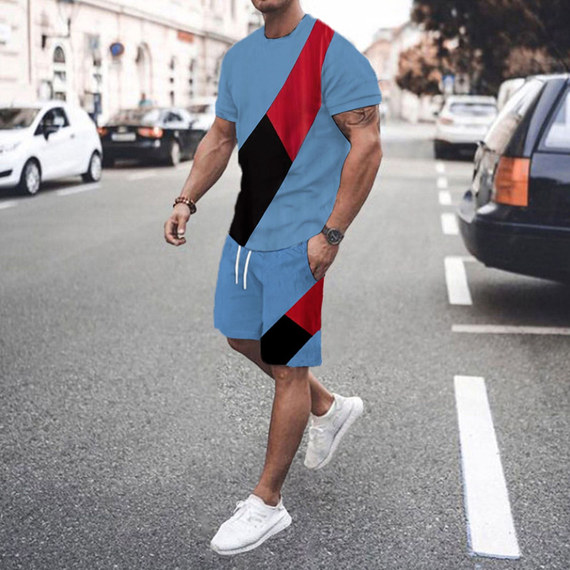Men’s Fashion Short Sleeve Shorts Set Splicing Set - Light Blue / S
