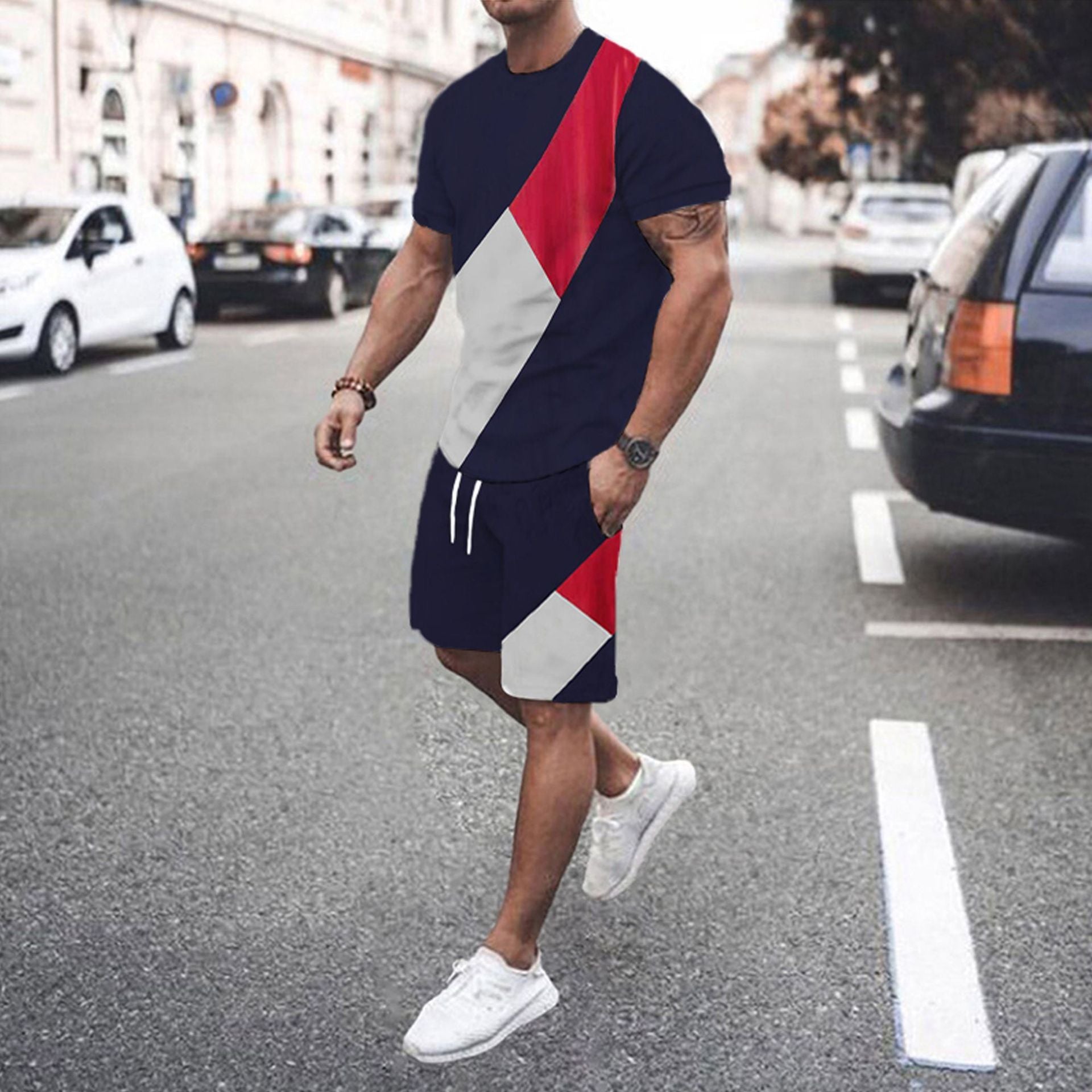 Men’s Fashion Short Sleeve Shorts Set Splicing Set - Navy Blue / S