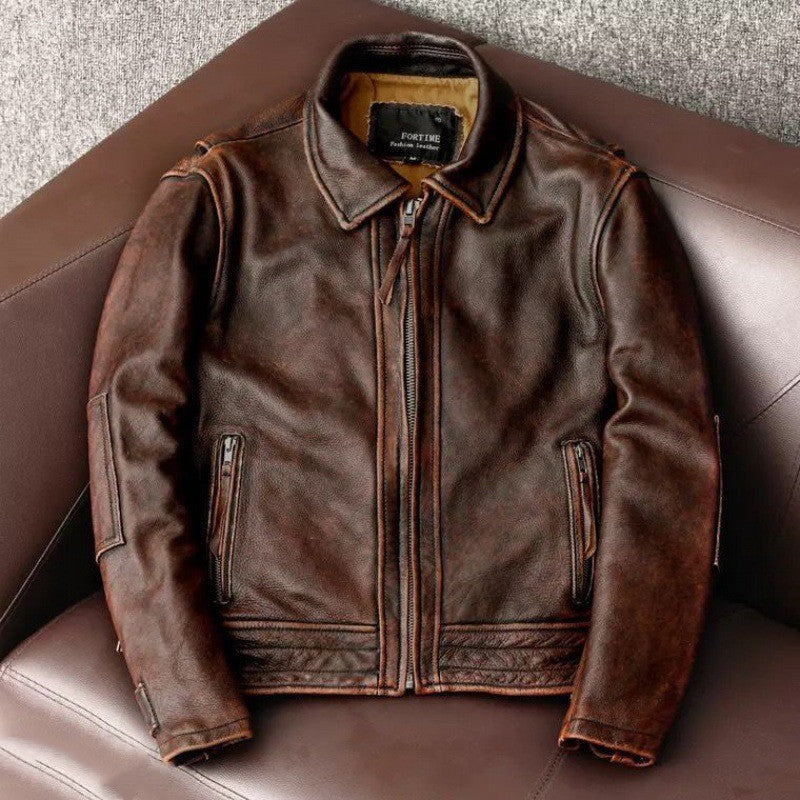 Men’s Fashionable Vintage Distressed Cowhide Leather Jacket