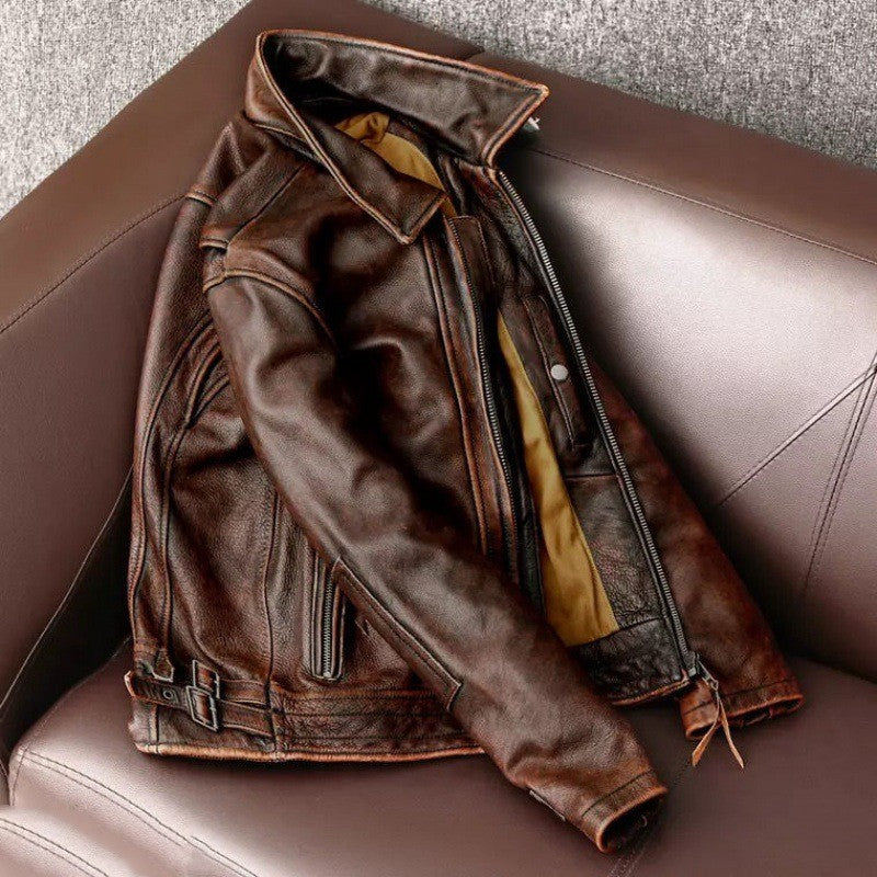 Men’s Fashionable Vintage Distressed Cowhide Leather Jacket