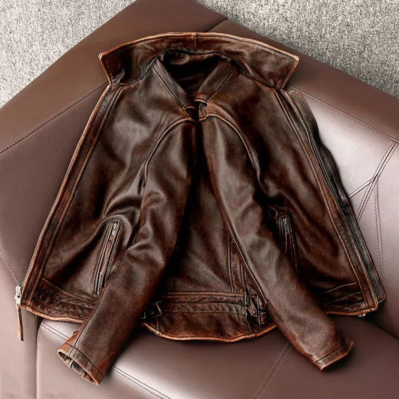 Men’s Fashionable Vintage Distressed Cowhide Leather Jacket