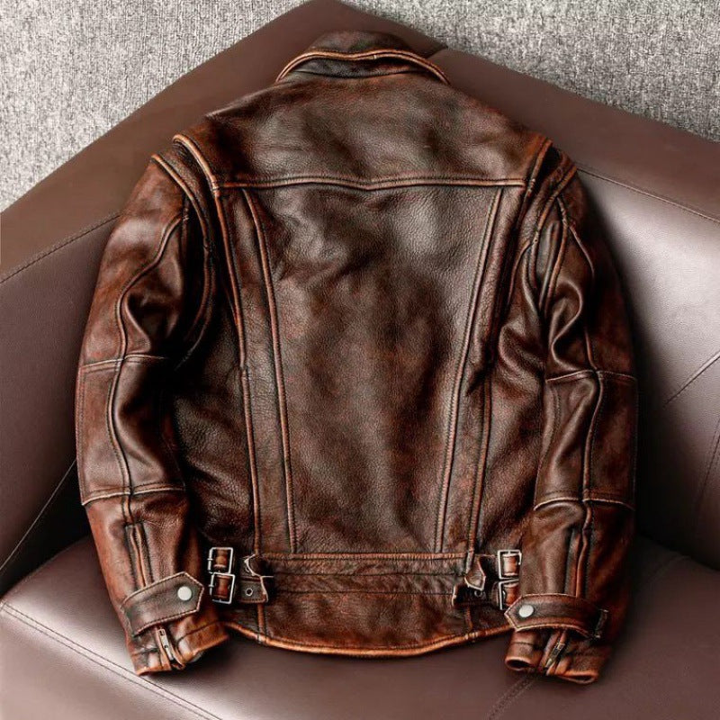Men’s Fashionable Vintage Distressed Cowhide Leather Jacket - Brown / S