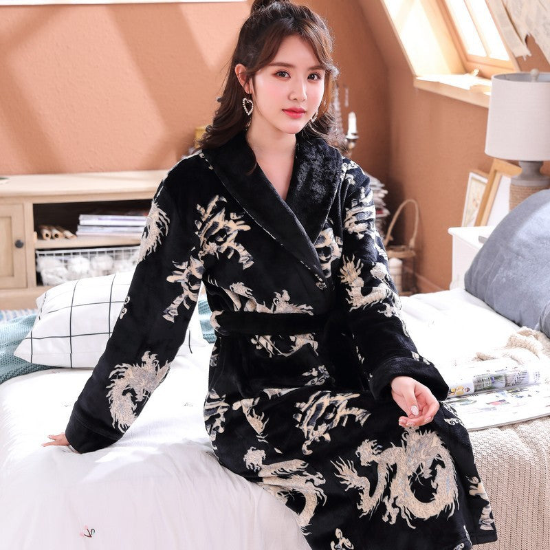 Men’s Flannel Nightgown Pajamas Couple Winter - Dragon Robe Black Womens / M