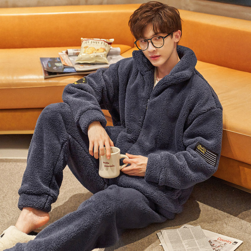 Men’s Flannel Pajamas Stand Collar Zipper With Extra Thickness For Warmth