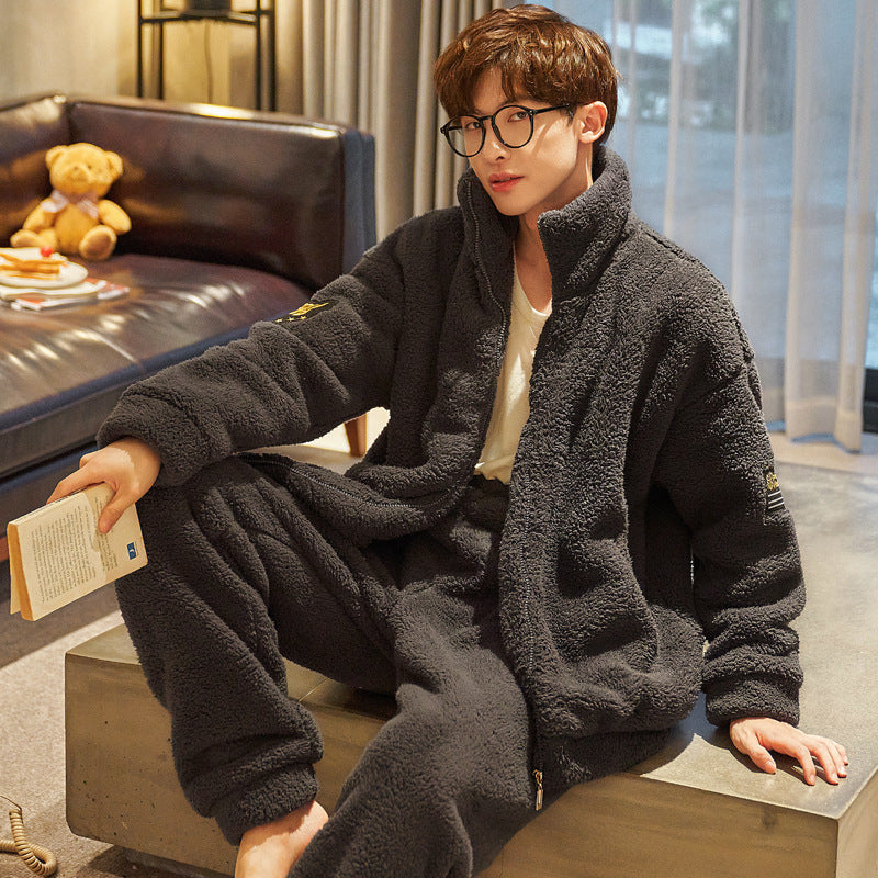 Men’s Flannel Pajamas Stand Collar Zipper With Extra Thickness For Warmth