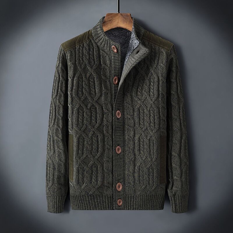 Men’s Fleece-lined Thickened Sweater Autumn And Winter - Army Green / S