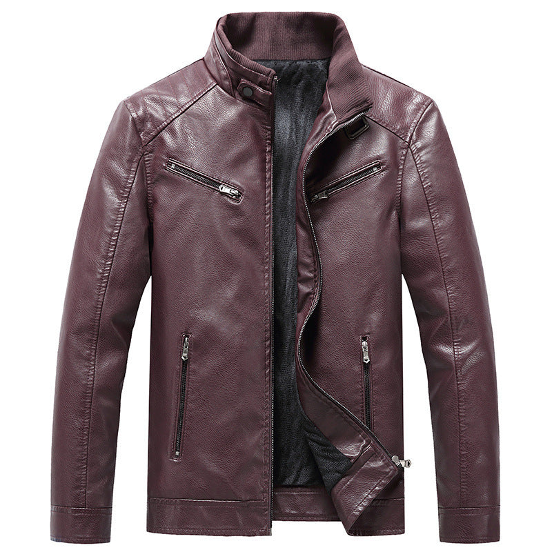 Men’s Fleece Padded Coat Casual Korean-style Stand Collar PU Leather Jacket Trendy Youth - Red / L