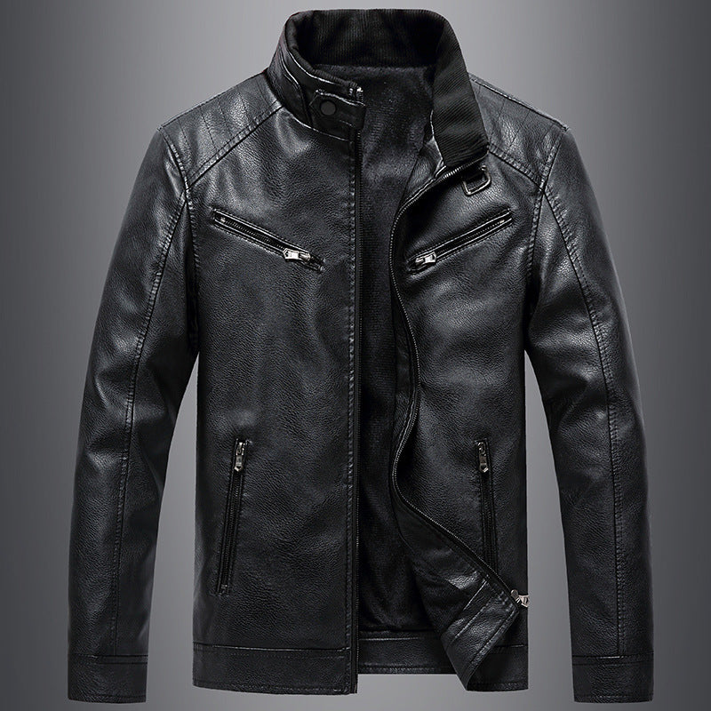Men’s Fleece Padded Coat Casual Korean-style Stand Collar PU Leather Jacket Trendy Youth