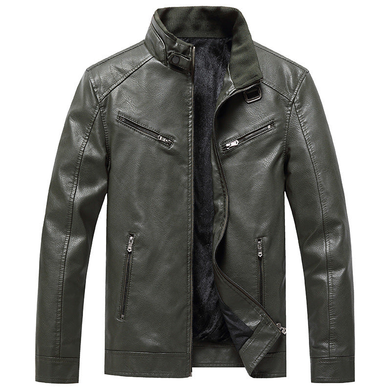 Men’s Fleece Padded Coat Casual Korean-style Stand Collar PU Leather Jacket Trendy Youth - Green / L
