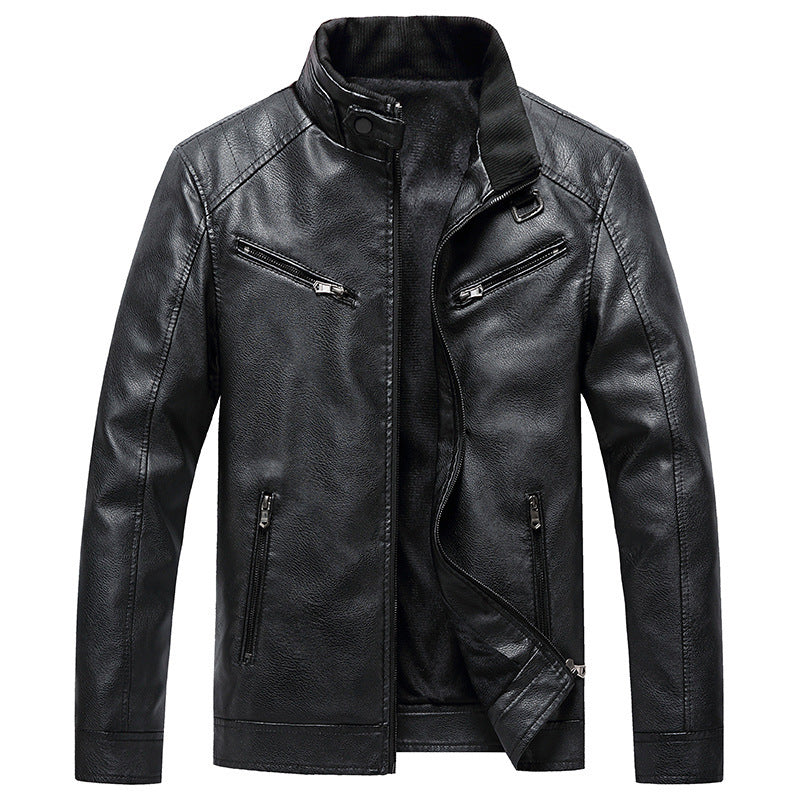 Men’s Fleece Padded Coat Casual Korean-style Stand Collar PU Leather Jacket Trendy Youth - Black / L