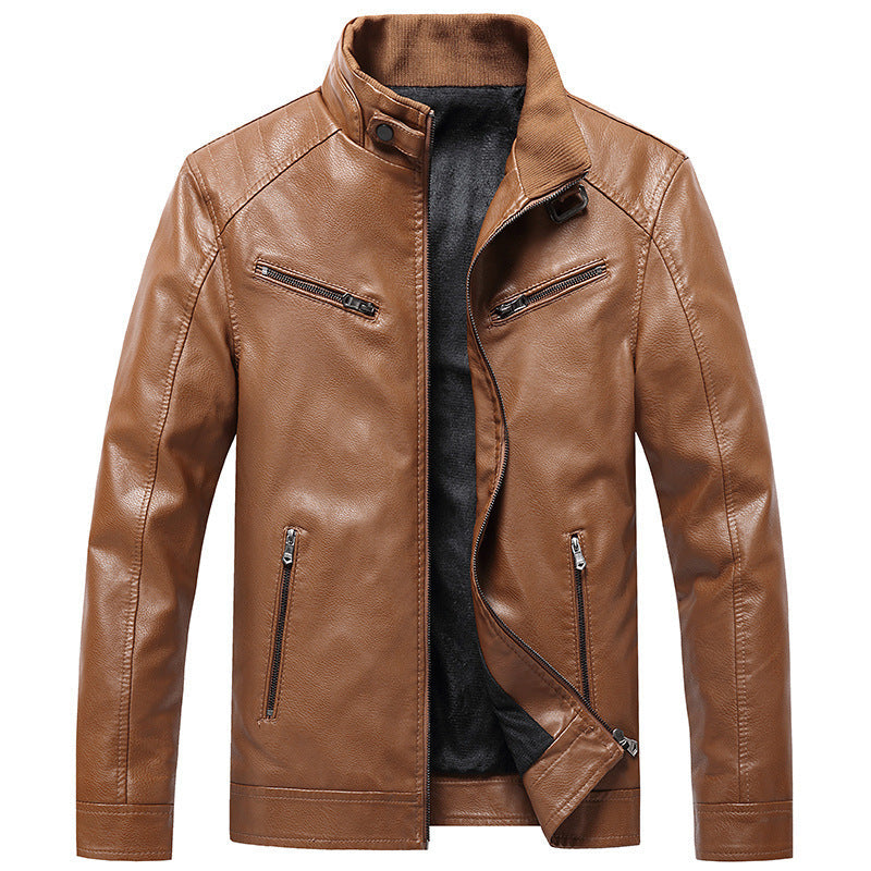 Men’s Fleece Padded Coat Casual Korean-style Stand Collar PU Leather Jacket Trendy Youth - Khaki / L