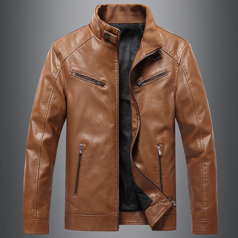 Men’s Fleece Padded Coat Casual Korean-style Stand Collar PU Leather Jacket Trendy Youth